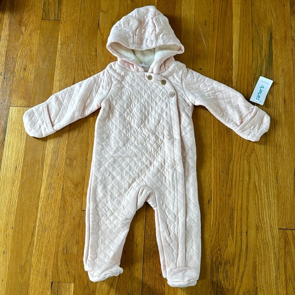 NWT Carter’s Baby Pink Hooded Quilted Jumpsuit Size 9 Months - Picture 1 of 5